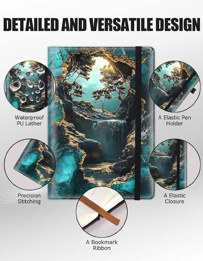 Hardcover Executive Notebooks, A5 PU Leather Lined Journal Notebook, 200 Pages Thick Paper Subject Notebooks for School,Work,Home Writing Business Notebook, Diary Book ，Golden Bonsai Falls Art