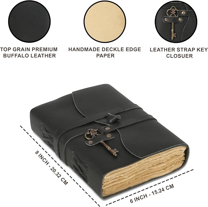 Leather Journal with Deckle Edge Paper 8x6 inch and Vintage Key | Handmade Writing Notebook Diary | Bound Daily Notepad for Men & Women Medium, Sketch/Writing pad for Artists