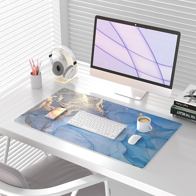 Colorful Star Blue Marble Leather Desk Mat, 31.5" x 11.8" | Waterproof Large Keyboard and Gaming Mouse Pads, Non-Slip Blotter Writing Pad, Desk Decor Accessories for Women & Men