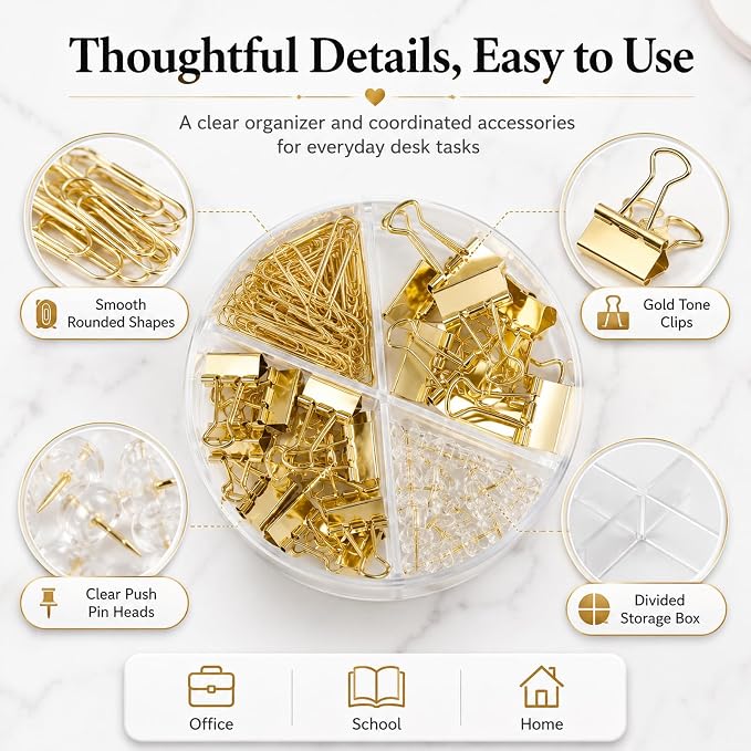 Gold Paper Binder and Clips Set, Metal Assorted Sized Binders with Push Pins, Cute Office Supplies, Teacher Desk Must Haves, Desk Accessories