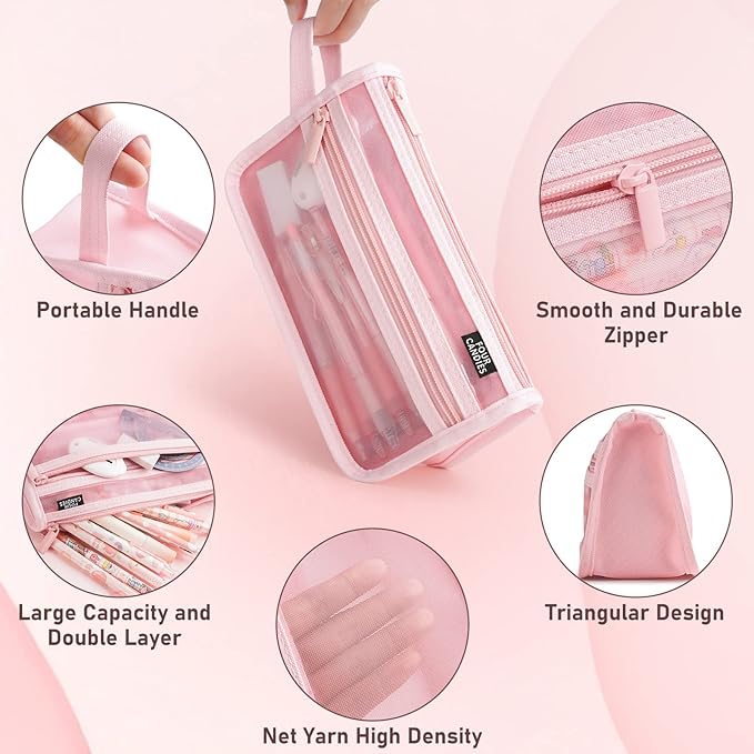 Four Candies Grid Mesh Pencil Case with Handle and Zipper, Clear Double-layer Pencil Pouch Marker Pouch, Travel Makeup Bag, Cute Transparent Stationary Organizer Pen Bag for Adult Office College