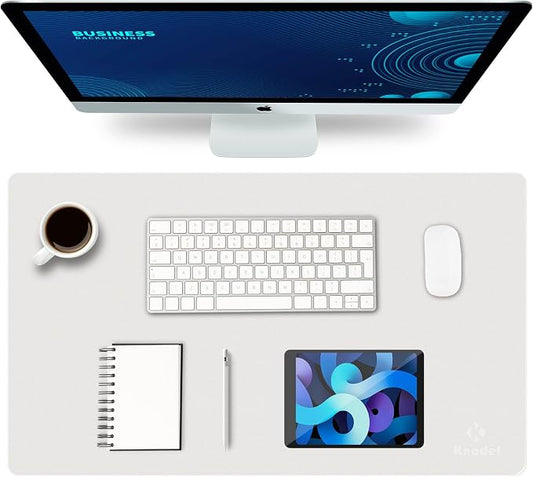 K KNODEL Small Office Desk Mat, Leather Mouse Pad (23.6"x13.8", White) | Desk Pad, Keyboard Pad, Computer and Laptop Mat, Desktop Protector and Cover, Writing Pad and Blotter for Home Office