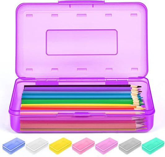 Sooez 1 Pack Clear Pencil Box, Plastic Hard Pencil Case with Stickers, Large Crayon Box with Snap-tight Lid, Stackable Storage Box Art Craft Marker Organizer Box for Kids Boys Back to School, Purple