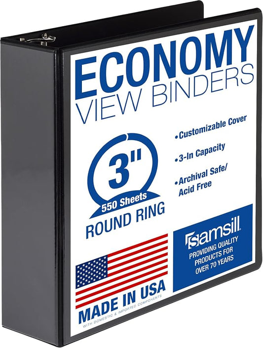 Samsill 3 Inch 3 Ring Binder, Economy Round Ring, Clear View Cover, 550 Sheet Capacity - for School, Home, Office - Black