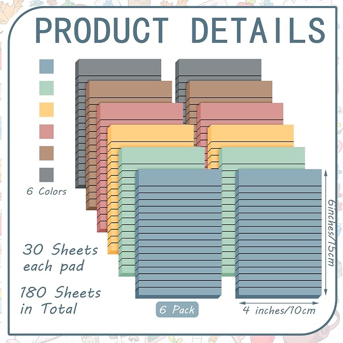 Yinder 6 Pack Colored Transparent Sticky Notes Translucent Clear Lined Self Sticky Notes, Back to School Gift Bible Tab for Planners, School Supplies Office, 30 Sheets/Pack, 4 x 6'' (Retro Color)