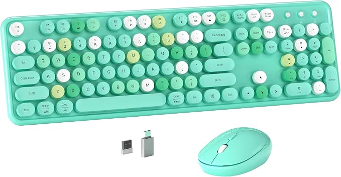 MPTOG Colorful Wireless Computer Keyboard and Mouse Combo (Green-Colorful) | Retro Round Typewriter Keycaps, Power Switch, Ergonomic Design, 2.4GHz Wireless for Windows, Mac, PC