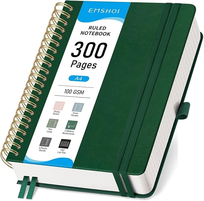 EMSHOI Lined Spiral Journal Notebook, 300 Numbered Pages, A4 (8.2"x11.2") | College Ruled, Leather Hardcover, 100 GSM Thick Paper, for School, Writing, Work, Office & Journaling (Dark green)