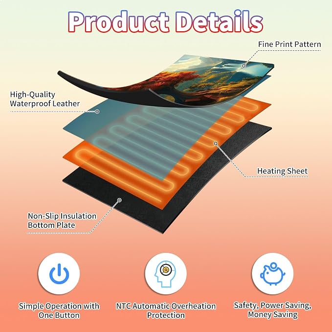 Heated Desk Pad Large Mouse Pad 23.6 x 14.1 inch with 3 Levels Heating & Auto Shut-Off Warm Mouse pad PU Leather Computer Mousepad for Home Office Work - Maple Leaf