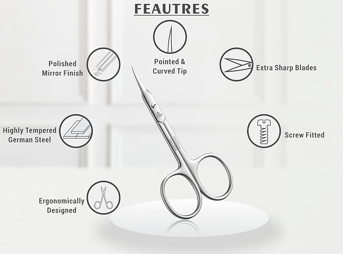 SILLVER Cuticle Scissors Curved Blade - Extra Fine Pointed Tip Professional Manicure Grooming Scissors for Cuticles, Beard, Nose Hair, Eyelash, Mustache - Eyebrow Scissors