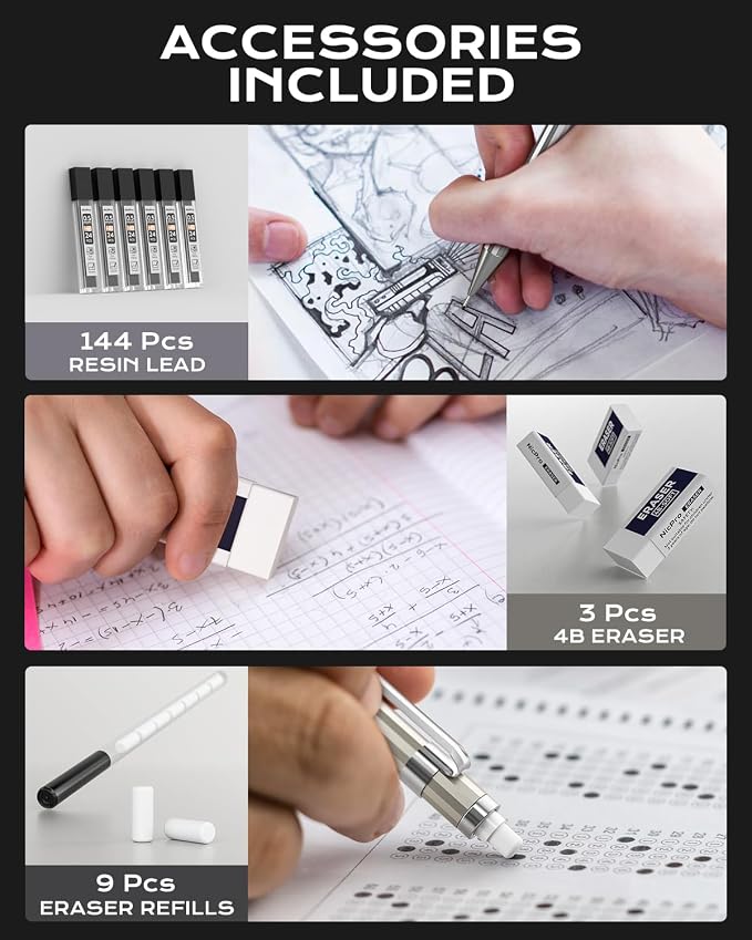 Nicpro 4 Pack Mechanical Pencil 0.5 mm with Case, MB1000 Metal Mechanical Pencil Set with 6 Tube HB #2 Lead Refill 0.5mm, 3PCS 4B Eraser, 9 Cap Eraser for Artist Drafting Writing, Sketching, Drawing | 6 Tube HB #2 Lead Refill 0.5mm, 3PCS 4B Eraser, 9 C...