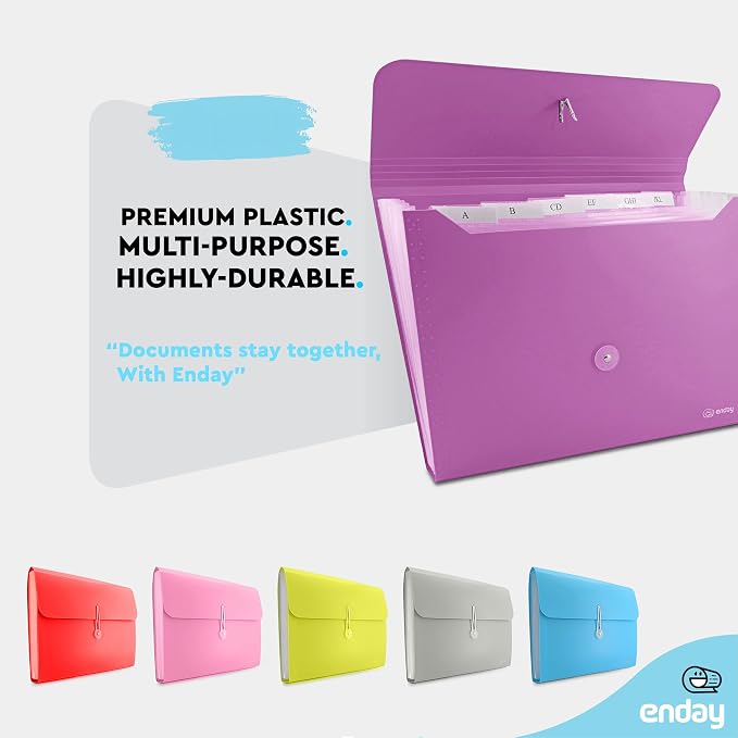 Accordion File Organizer Purple, 7 Pocket Expanding File and Cover Folder with Labels, Plastic Portable Desktop Letter A4 Paper, Also Available in Red, Green, Pink, Blue, Grey, 1 Pc – By Enday