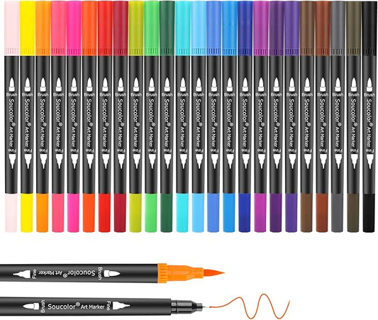 Soucolor 24 Dual Tip Brush Markers,Water-Based Art Pens,for Coloring Books | 24 Vibrant Water-Based Colors,Brush + Fine Tip,Color-Coded,Plastic Case,Lettering,Coloring Books,Kids &Adults.