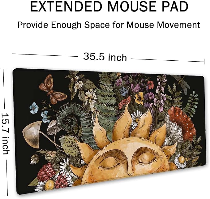 SSOIU Vintage Sun with Woodland Treasures, Amanita Mushroom, Fern, Forest Plants Sun Forest Woodland Nature Mushroom Wild Foraging Green Witch Desk Mat, Extended Mouse Pad, XXL Gaming Desk 35.5"x15.7"