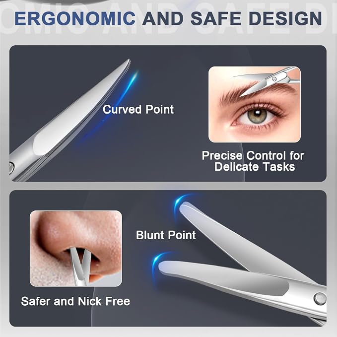 2 Pack Eyebrow Nose Hair Scissors, Stainless Steel Rounded Tips | Small grooming scissors for mustache, beard and facial hair. Compact 2.7 inch for travel. Rounded tips for men and women.