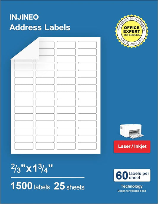 Address Labels, 2/3" x1-3/4 Shipping Address Labels for Inkjet & Laser Printers, Return Address Labels Compatible with 5195, 8195 and 18294 Labels, Easy to Peel (1500 Labels, 25 Sheets)