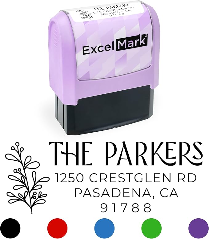 ExcelMark Address Stamp - Custom Return Address Stamp with Elegant Designs, Vibrant Colors & Patterns – Perfect for Mail, Invitations & Gifts (Violet, Foliage Edge)