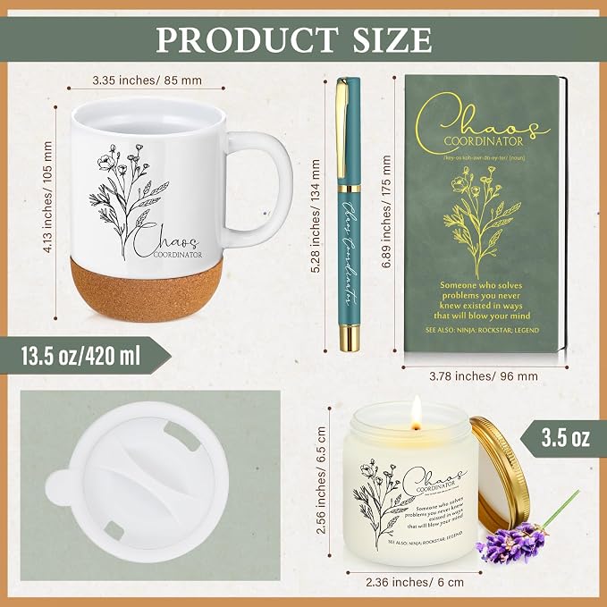 Sayglossy 4 Pcs Green Chaos Coordinator Gift Set Back to School Gift for Teachers Women Men Notebook Coffee Mug Scented Candle Ballpoint Pen for Teacher Assistant Principal Class School Staff Coworker