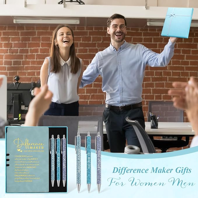 Thenshop 5 Pcs Difference Maker Gifts Journal with Pen Leather Notebook 3 Ballpoint Pens Box Thank You Gift for Nurse Boss Employee Coworker Teacher Volunteer Social Worker Assistant(Blue)