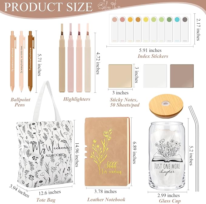 Havawish 14 Pcs Book Lovers Gift for Women 16 oz Glass Cup Tote Bag A6 Journal Notebook Pens Highlighters Sticky Notes Back to School Teacher Librarian Bookish Book Club(Khaki,Aesthetic)