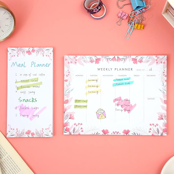Weekly Planner Notepad Tear Off Set of 2 Weekly Calendar Pad 52 Undated To Do List Notepad Desk Planning Pads Productivity Tracker for Work School Home Goals Notes Schedule Ideas, Floral Pink