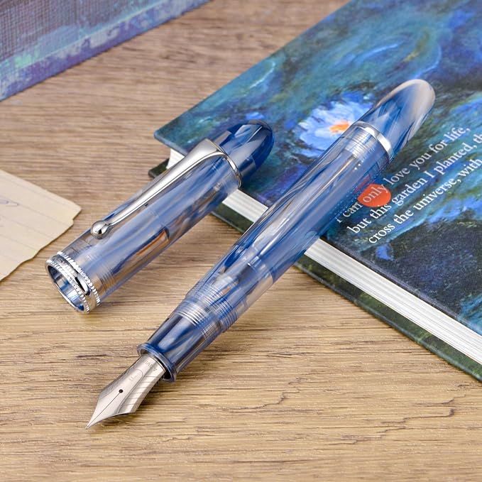 Asvine V800 Fountain Pen -Vacuum Filling System with Large Ink Capacity - Number 8 Stub Nib 1.1mm Calligraphy Art Drawing with Wrench Gift Set - Blue Brown