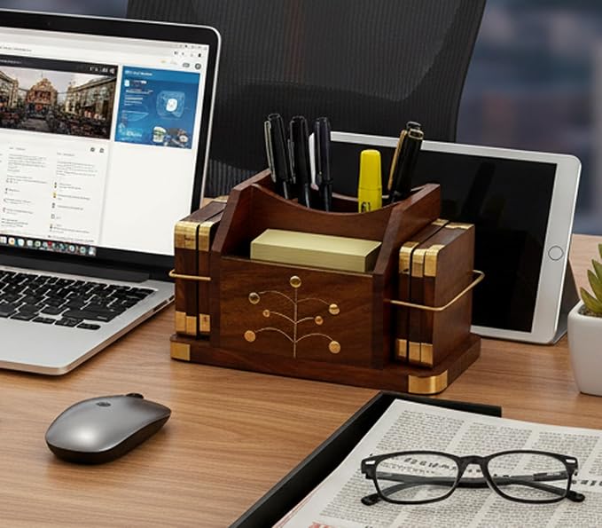 Stonkraft Wooden Rosewood Desk Organizer, Coasters Set, Pen Stand, Business Card Holder with Brass Work (Office Table Accessories)