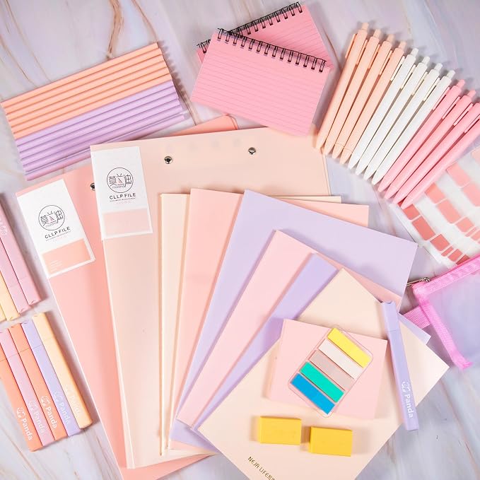 Colarr 54 Pcs Aesthetic College School Supplies Back to School Set,Pink | 3 A5 + 3 B5 Lined Notebook, 12 Gel Pen, 12 Pencil, 12 Highlighter, Sticky Tabs, Folder Storage Bag, Journal Stationery Set