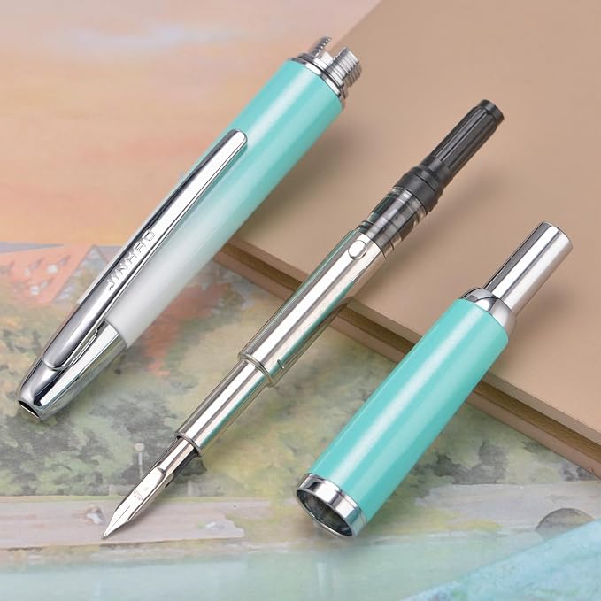 Jinhao 10 Press Fountain Pen with Box, Gradient Mint Green Retractable Fine Nib with Ink Converter Set (Silver Clip)