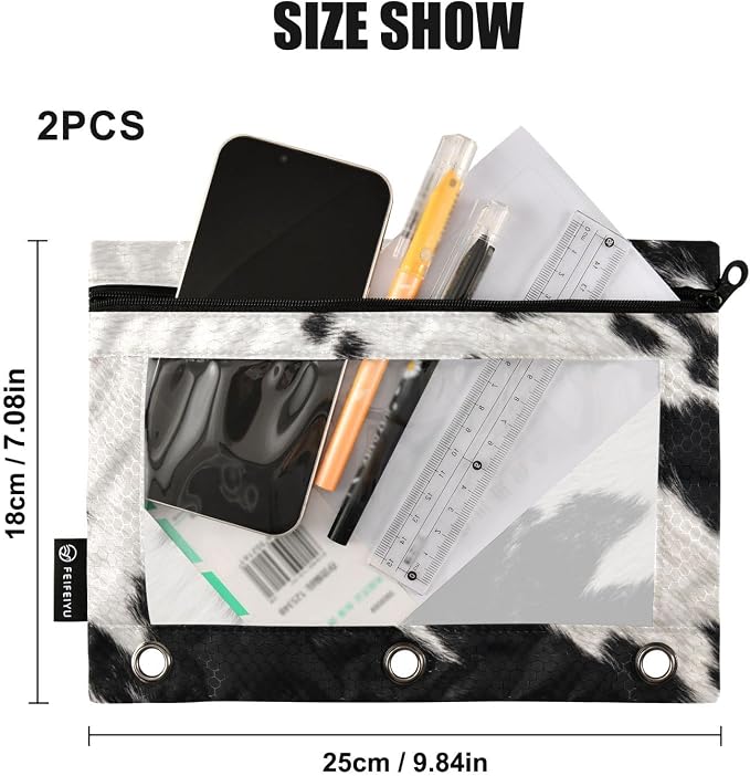 Cow Skin Print Pencil Pouch Fits Standard 3-Ring Binders, Zipper Binder Pencil Bag with Clear Window for Class Office 2 Pack