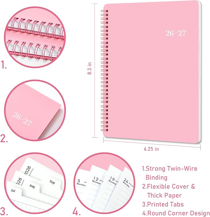 Planner 2026-2027, Jul. 2026 - Jun. 2027, 6.25" x 8.3" | Flexible Cover, A5 Thick Paper, Twin-Wire Binding, 2026-2027 planner weekly and monthly with 12 Month Tabs, Pink