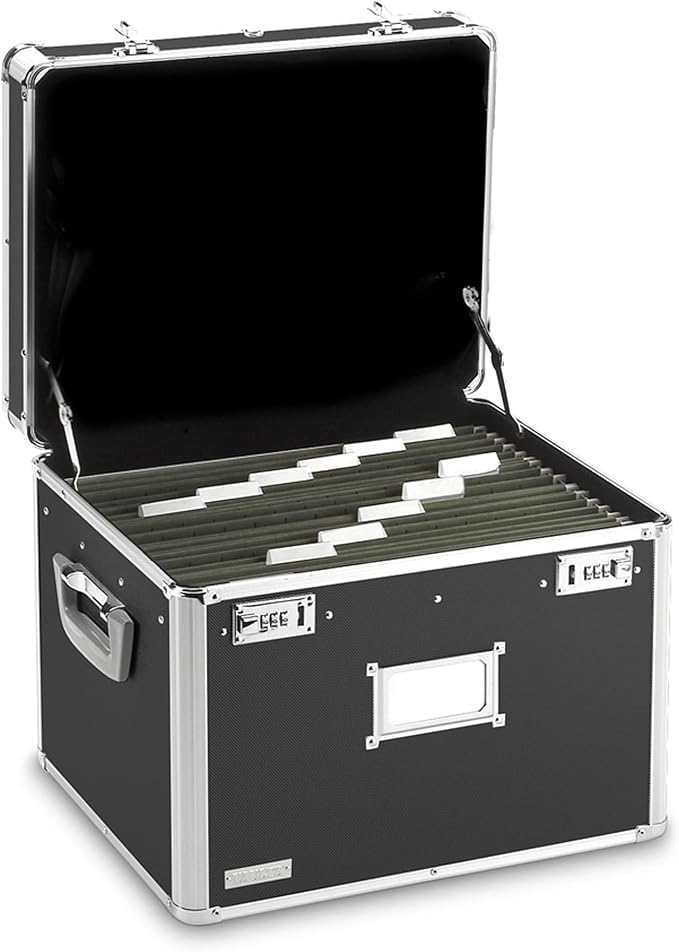 Vaultz Portable File Box, Legal/Letter, Dual-Combination Lock, 17.5x14 In | Sturdy PVC frame with metal rails for hanging files, side handles for carrying, chrome-plated lock accents, black finish
