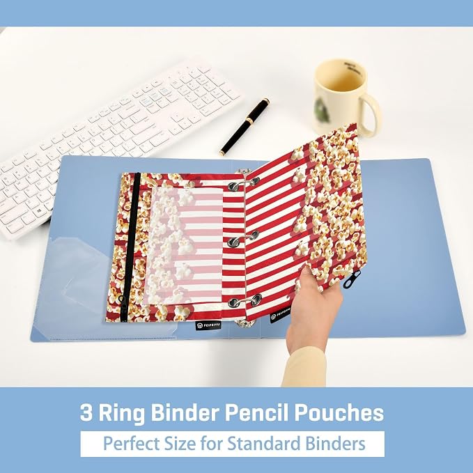 Popcorn Stripes Pencil Pouch Fits standard 3-ring binders, Zipper Binder Pencil Bag with Clear Window for Office 2 Pack