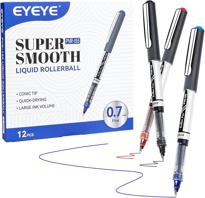 EYEYE Liquid Ink Rollerball Pens 0.7mm, Medium Point Roller Ball Pen 12 Pack 3 Colors Quick Dry, Ink Pens Fine Point Smooth Writing Pen for Journaling, Note Taking, Office, School Supplies