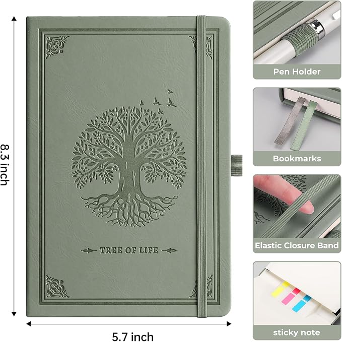 AHGXG Graph Grid Paper Notebook, 192 Pages, A5 Medium Size (5.7'' x 8.3'') | 5 Squares per Inch, Leather Hardcover, 100 GSM Thick Paper, for School, Students, Math, Engineering (Light Green)