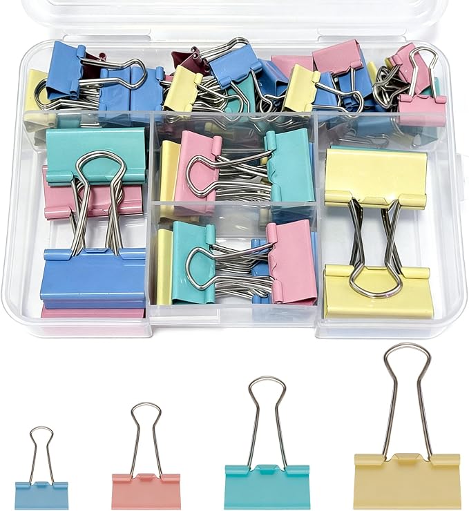 60PCS Colored Binder Clips Assorted Sizes, 4 Sizes Assortment-Includes Large, Medium, Small, Mini Metal Clips (1.26", 1.1", 0.75", 0.6"), Heavy-Duty Metal Paper Clamps for Office & School Supplies