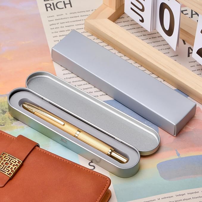 Jinhao 10 Press Fountain Pen with Box, Brushed Matt Gold Retractable Medium Nib with Ink Converter Set (Golden Clip)