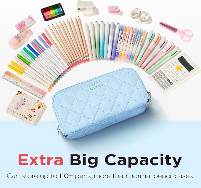 Sooez Large Pencil Case Pouch, Extra Big Pencil Bag with 8 Compartments, Pen Bag Wide Opening, Soft Quilted Pencil Pouch Organizer with Zipper, Portable Pencil Case for Teen Girls, Sky Blue
