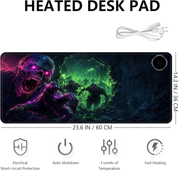 Large Heated Mouse Pad–23.6" x 14.2" Desk Mat for Office | 3 Adjustable Heat Levels,Auto Shut-Off After 3 Hours for Safety,Keeps Hands Warm While Working，Zombie