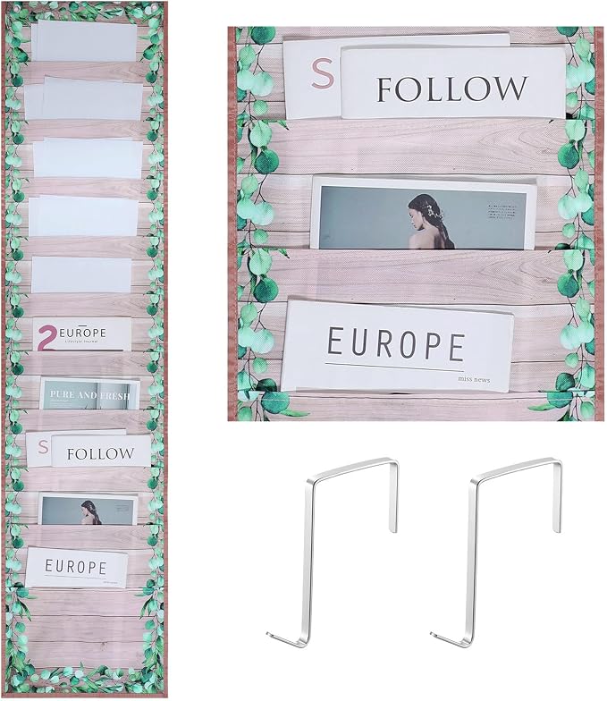 MotiMind Green Leaves 10 Pockets Wall Hanging File Folders File Storage Pocket Chart for Classroom Hanging Wall Organizer with 2 over The Door Hangers, 58" x 14" for School Classroom Office Home