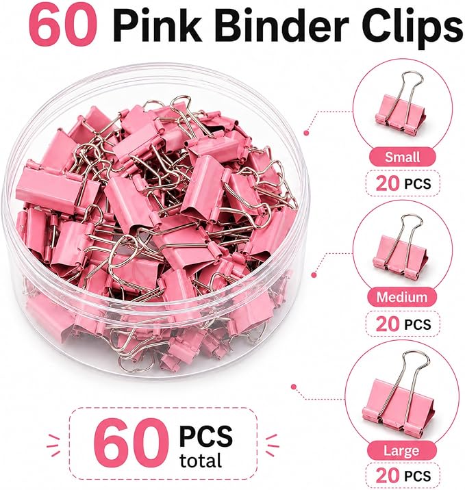Binder Clips Assorted Sizes, Morandi Colors, Durable Metal Binder Clips for Office, Cute Desk Supplies for Teachers Student (Pink - 1 Box)