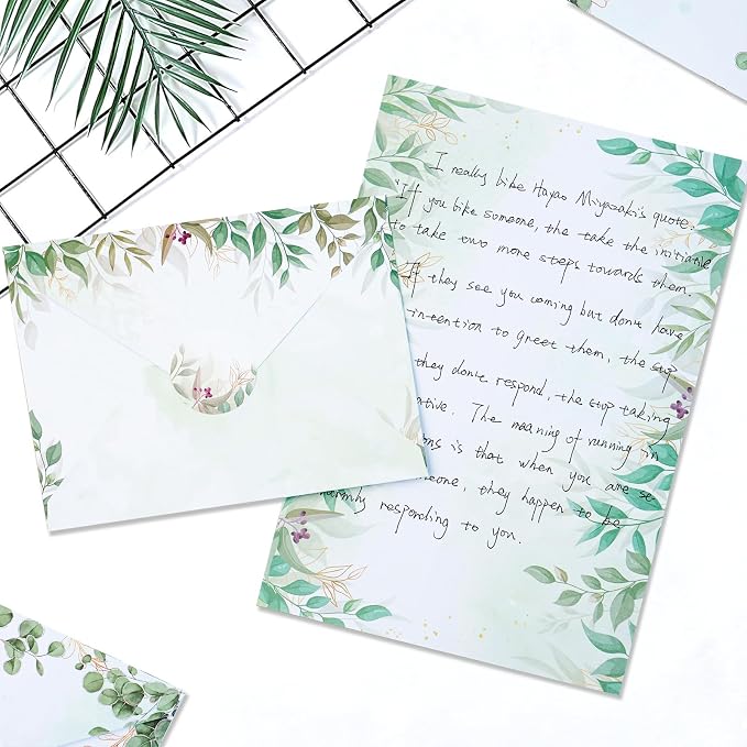 160 Pcs Stationery Paper Envelopes Set Includes 50 Writing Paper & 50 Envelopes with 60 Colorful Round Dot Stickers, Cute Vintage Tree Leaf Letter Writing Stationery Paper Envelopes(10Style)