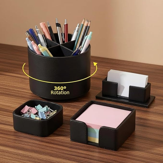 4 Pcs Rotating Leather Pen Holder for Desk Organizer Office Supplies Business Card Sticky Note Holder Paperclip Storage Desk Accessories Set for Teacher Back to School Gift(Black)