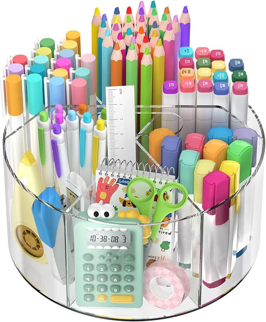 SUPEASY Acrylic Rotating Pencil Holder, 360° Clear Pen & Marker Organizer | Crayon Art Supply Organizer with 6 Compartments and Carry Handle for Desk, Home, Office, Classroom