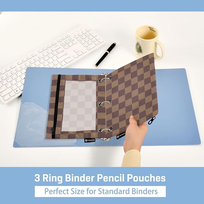 ALAZA Brown Checkerboard B Pencil Pouch for 3 Ring Binder 2 Pack Zipper Binder Pencil Bag Case with Clear Window Office Supplies