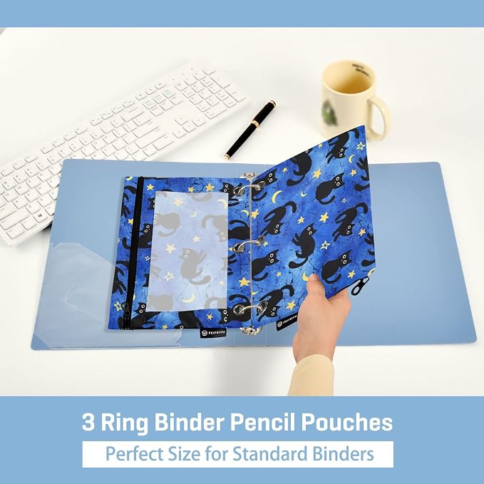 Cat Pencil Pouches for 3 Ring Binder 2 Pack | Binder Pencil Case With Zipper Reinforced GrommetsPencil Bags for Office Organizers