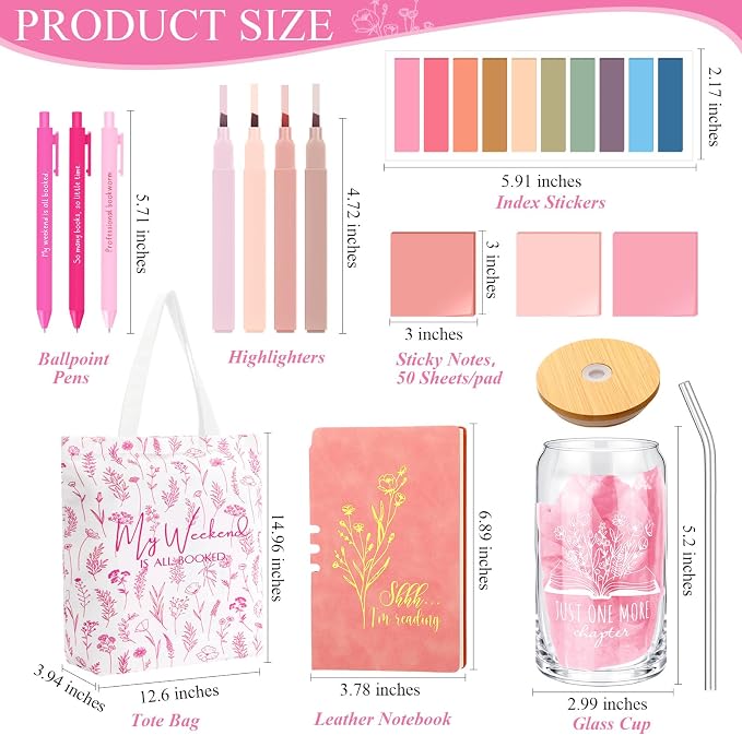 Havawish 14 Pcs Book Lovers Gift for Women 16 oz Glass Cup Tote Bag A6 Journal Notebook Pens Highlighters Sticky Notes Back to School Teacher Librarian Bookish Book Club(Flesh Pink,Aesthetic)