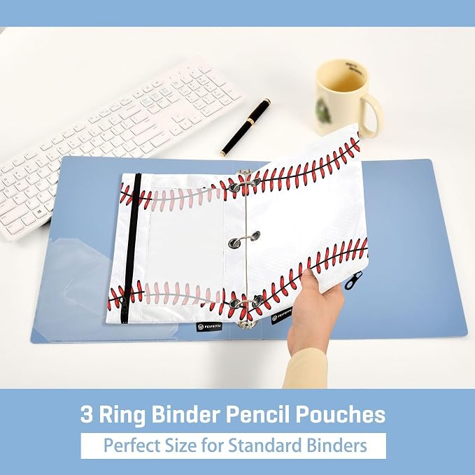 Gredecor 3 Ring Binder Pencil Pouch, Ball Softball Basebal Laces (3) Zippered Pen Case Pouches with Clear Window, 2 Pack Stylish Office & School Supplie