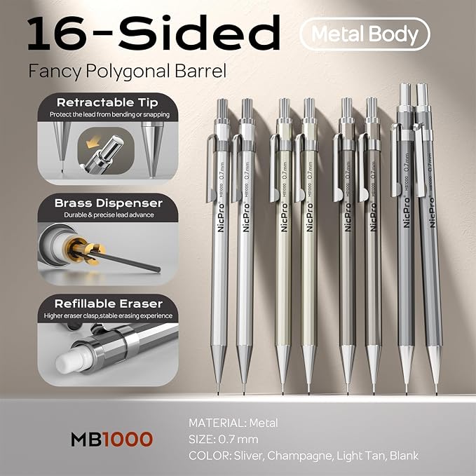 Nicpro 8 Pack Mechanical Pencil 0.7mm, MB1000 Metal Mechanical Pencil Set | 6 Tube HB #2 Lead Refill 0.7 mm, 3PCS 4B Eraser, 9 Cap Eraser with Case for Artist Drafting Writing, Sketching, Drawing