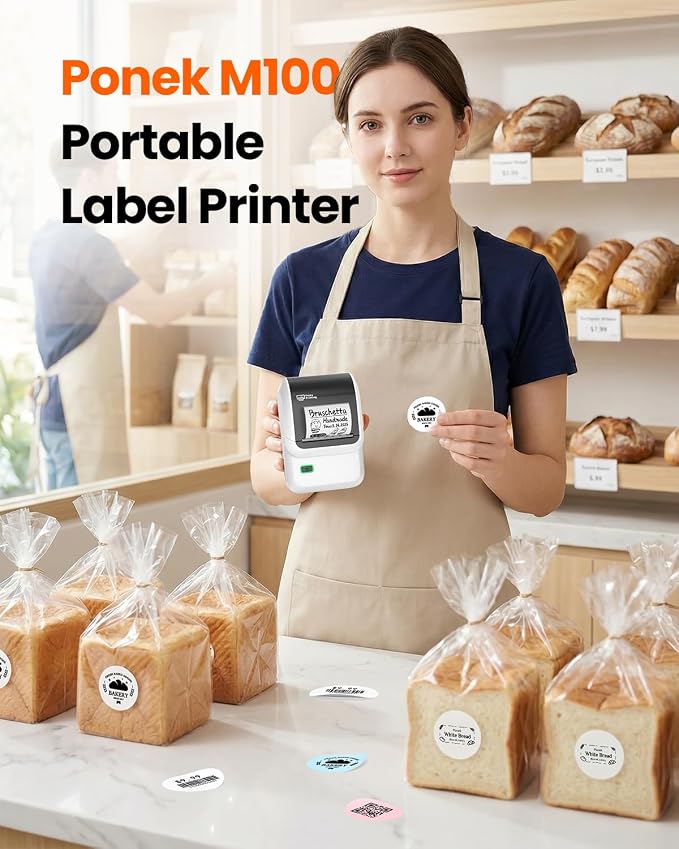 M100 Label Maker Machine with 3 Tapes, Portable Bluetooth Thermal Printer | 2 inch Label Printer Easy to Use Sticker Printer for Small Business, Home, School, Organization,, Office, Warehouse, White