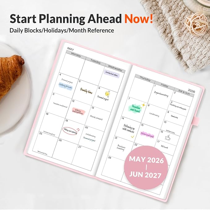 SUNEE 2026-2027 Pocket Weekly Planner for Purse 3.5" x 6" - 12 Month (July 2026 - June 2027) Academic Year Calendar, Pocket Size Planner, Hardcover, Note, 100 GSM Paper, Pink